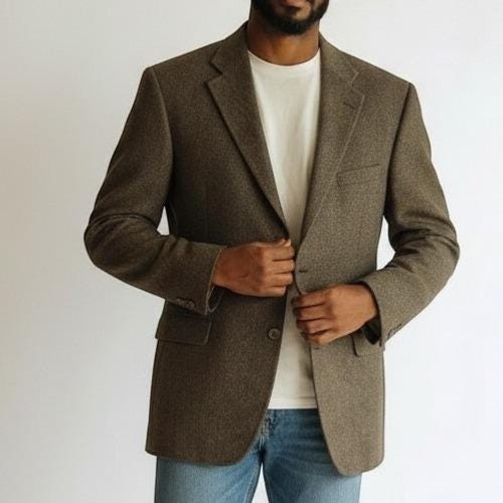 Jos A Bank Blazer Mens 44 Brown Herringbone Wool 3 Button Vintage Union Made USA